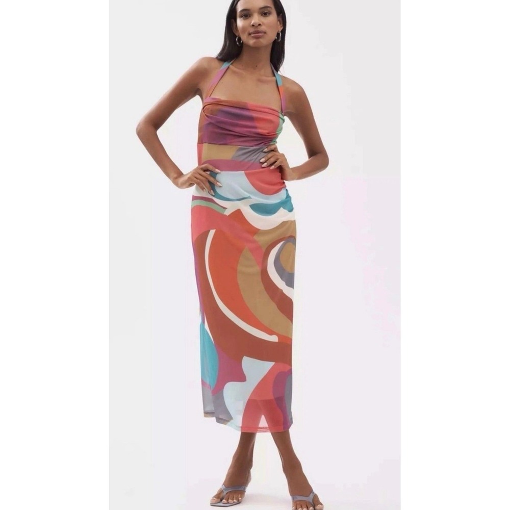 Anthropologie Square Neck Psychedelic Mesh Halter‎ Ruched Midi Dress XSP NWT